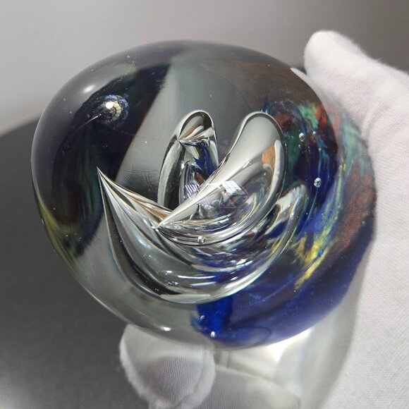 Egg Shaped Glass Paperweight, Multicolor and Transparent Swirl, Art Glass - Picture 4 of 5